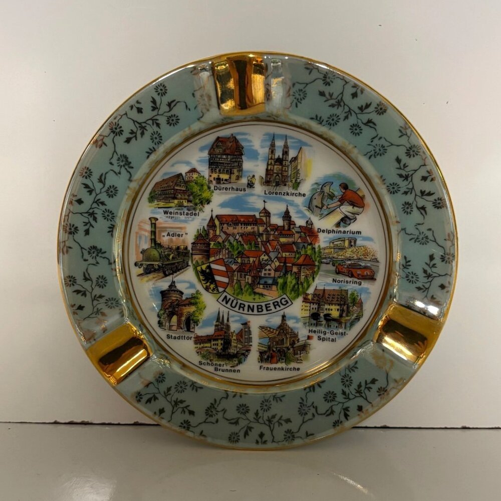 Bavaria Nurnberg Porcelain Ceramic Ashtray West Germany Gold Trim Vintage 5.75in